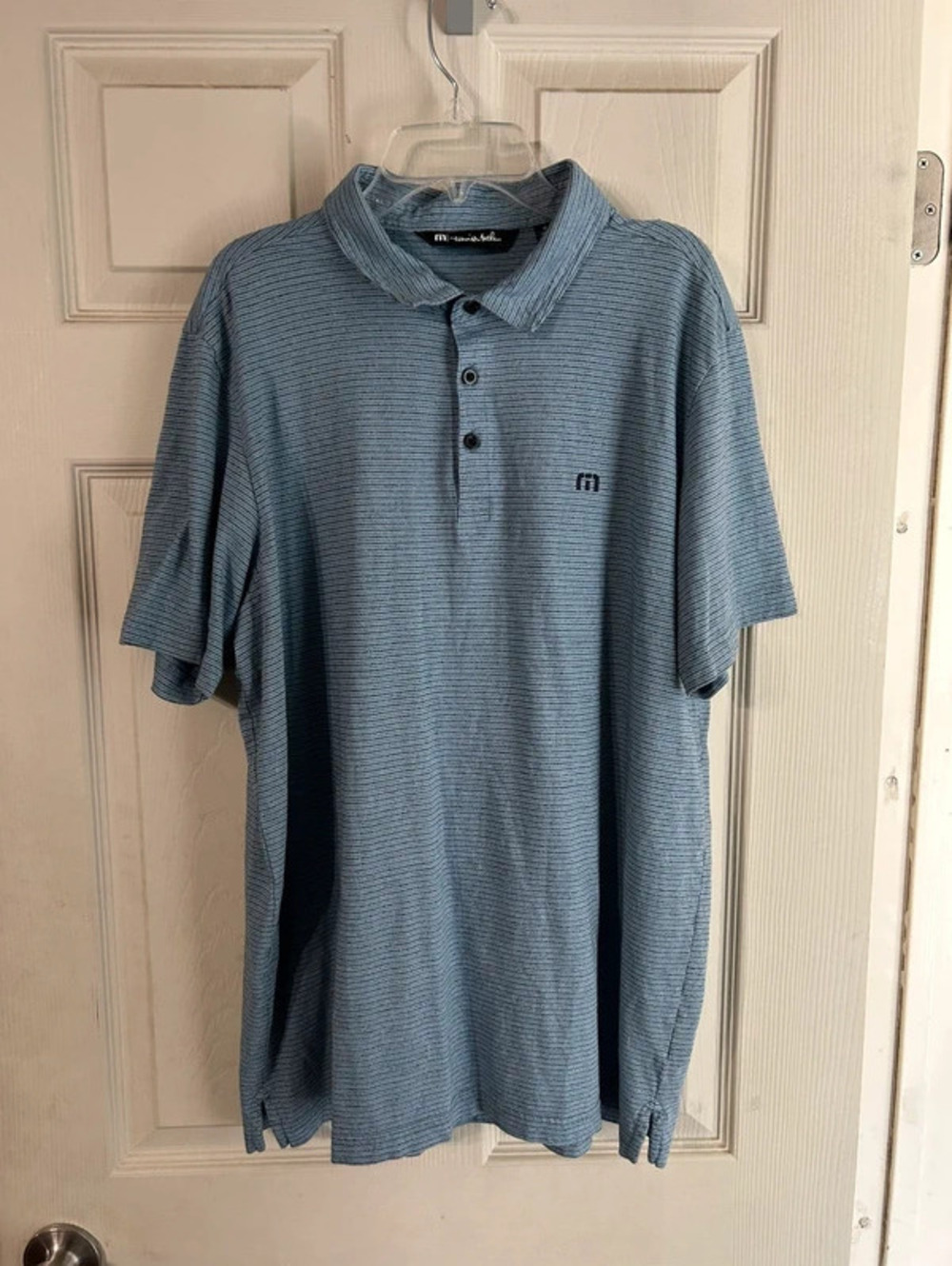 travis mathew men’s XL blue gray striped polo shirt golf